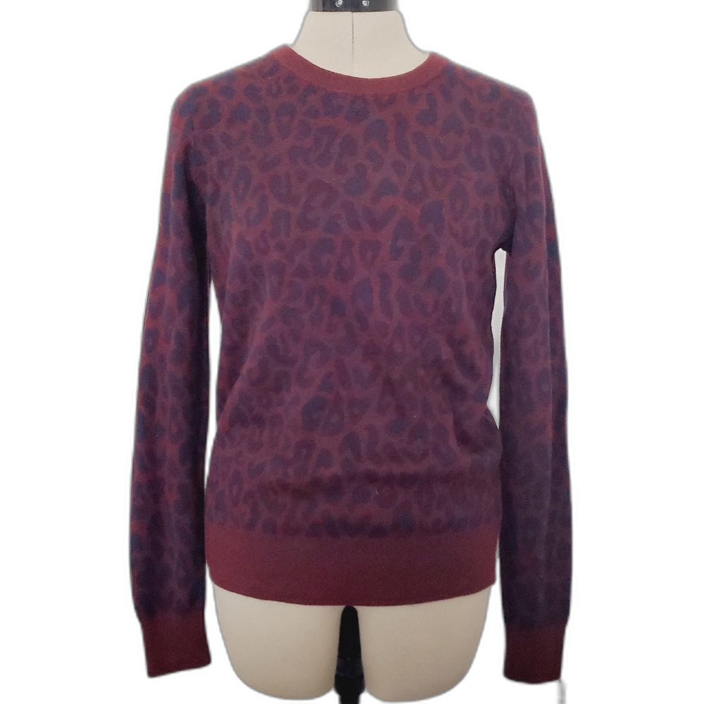 LOFT Sweater Women's XS Red Blue Leopard Print Cotton Crew Neck NEW